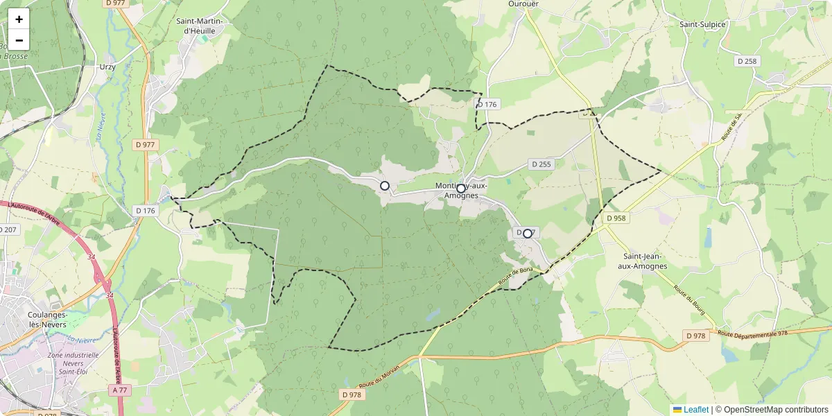 Carte du réseau de transport en commun à Montigny-aux-Amognes - lignes de bus et arrêts
