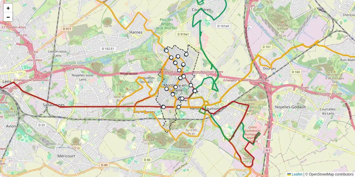 Carte du réseau de transport en commun à Montigny-en-Gohelle - lignes de bus et arrêts