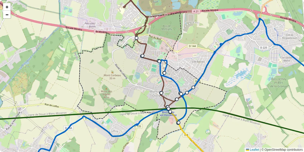 Carte du réseau de transport en commun à Montigny-en-Ostrevent - lignes de bus et arrêts