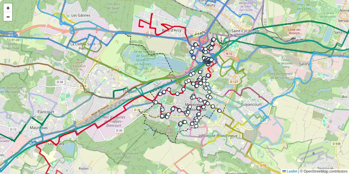 Carte du réseau de transport en commun à Montigny-le-Bretonneux - lignes de bus et arrêts