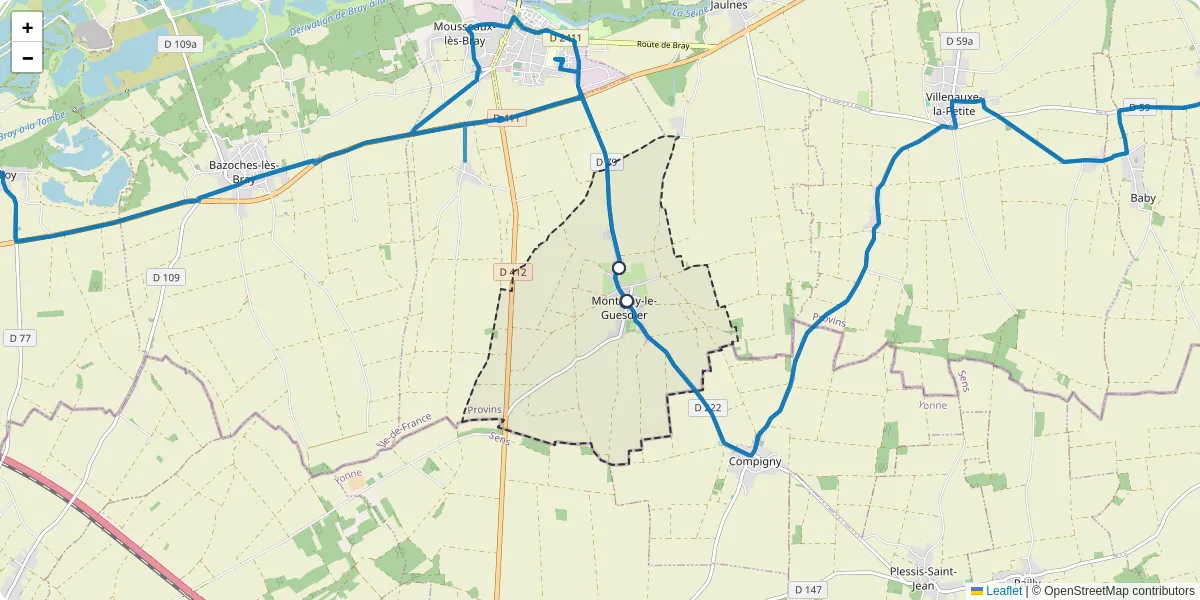 Carte du réseau de transport en commun à Montigny-le-Guesdier - lignes de bus et arrêts