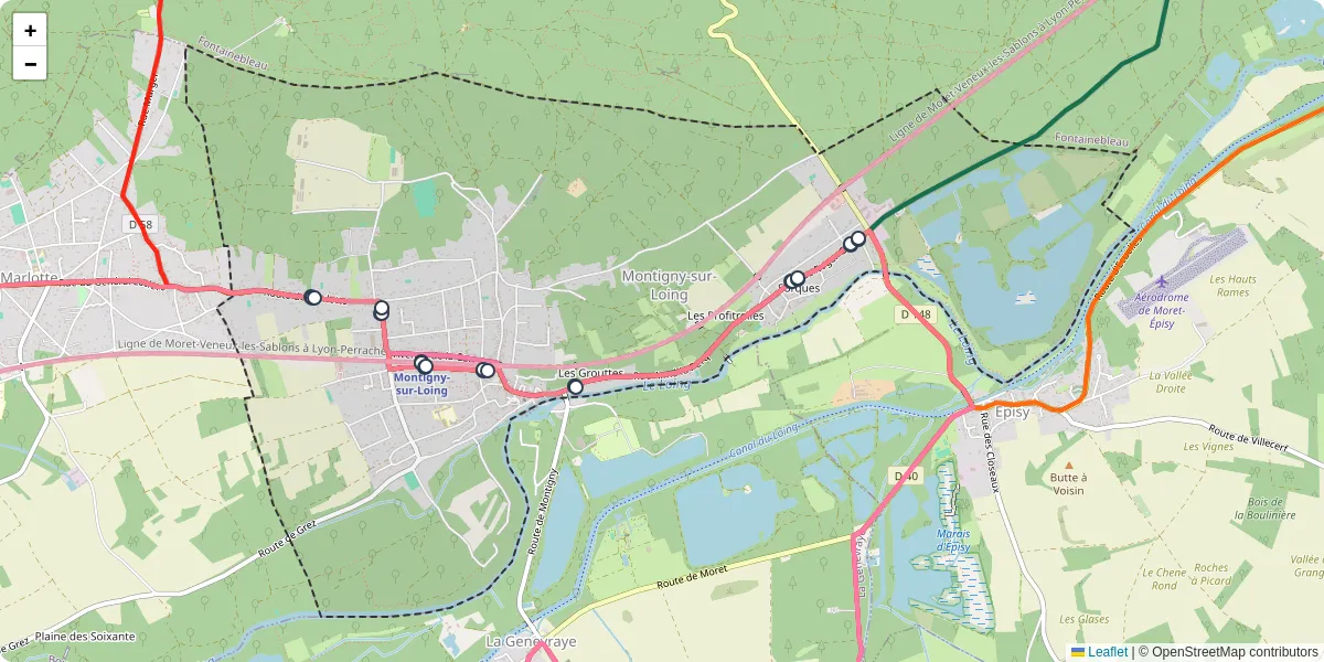 Carte du réseau de transport en commun à Montigny-sur-Loing - lignes de bus et arrêts