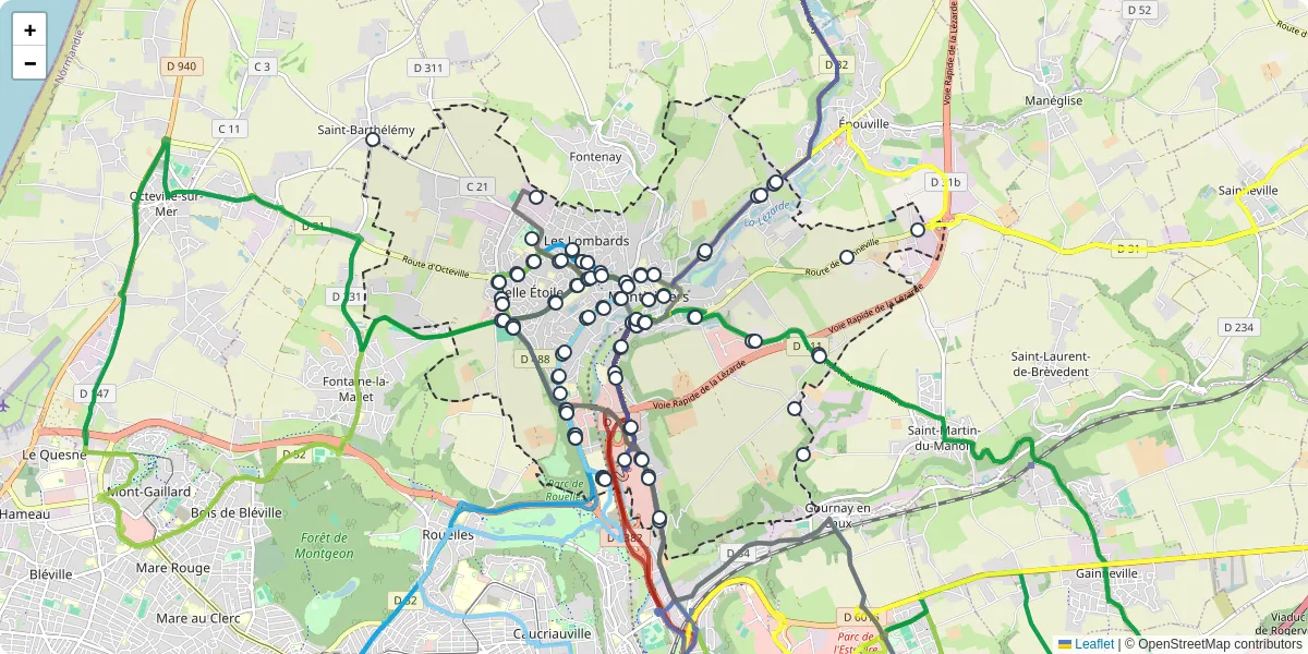 Carte du réseau de transport en commun à Montivilliers - lignes de bus et arrêts