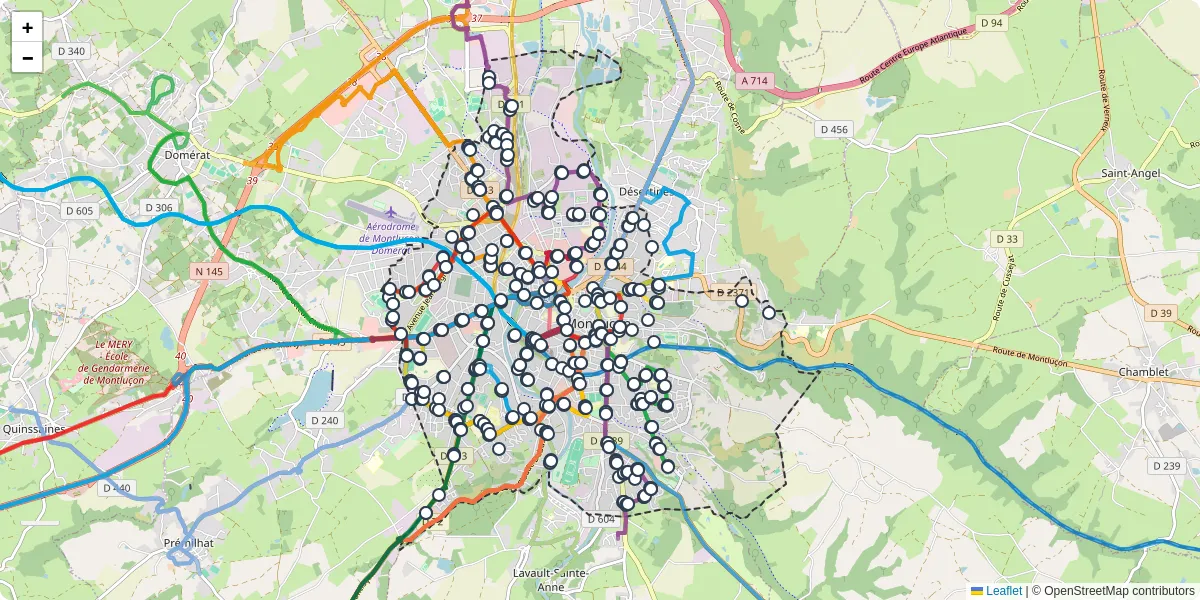 Carte du réseau de transport en commun à Montluçon - lignes de bus et arrêts