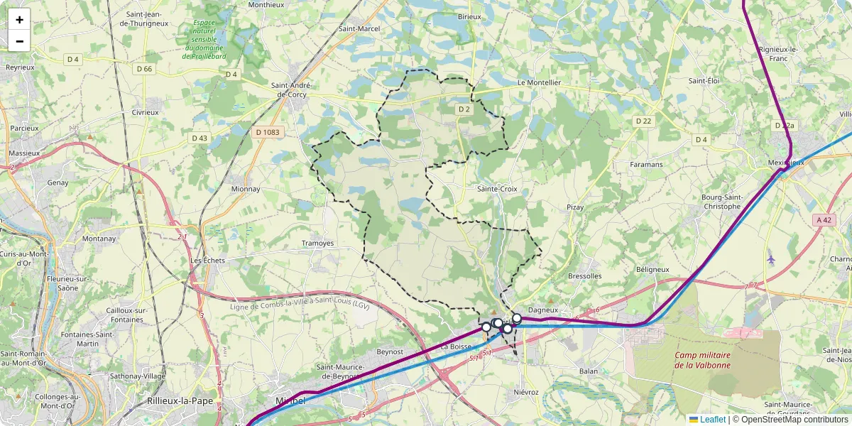 Carte du réseau de transport en commun à Montluel - lignes de bus et arrêts