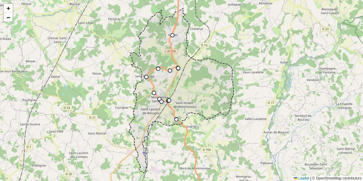 Carte du réseau de transport en commun à Montmoreau - lignes de bus et arrêts