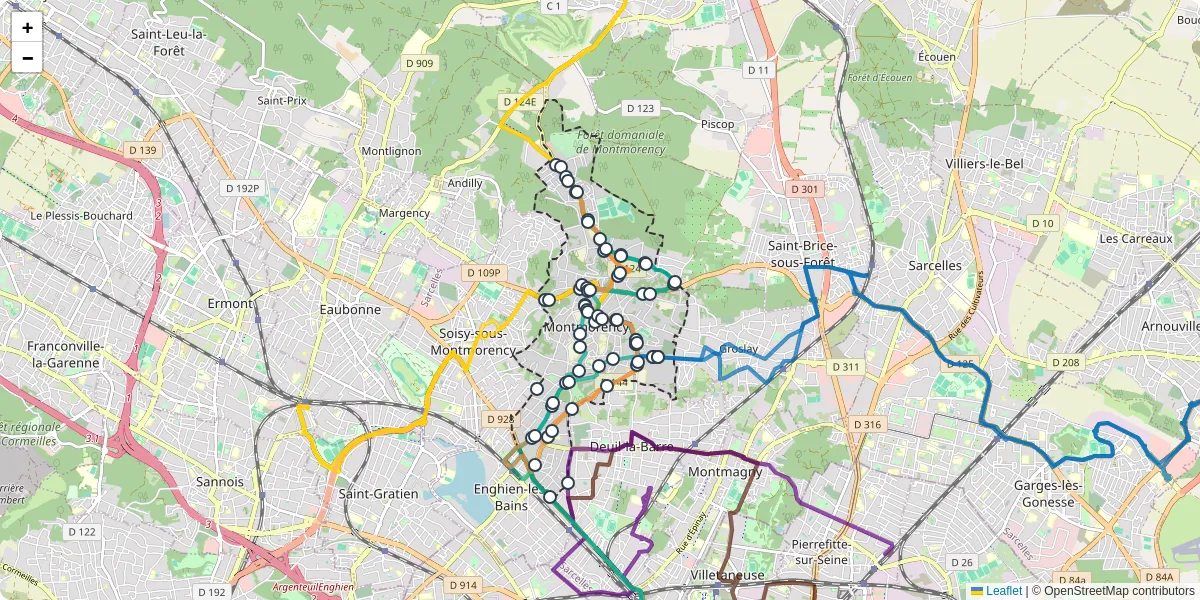 Carte du réseau de transport en commun à Montmorency - lignes de bus et arrêts