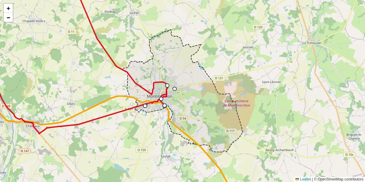 Carte du réseau de transport en commun à Montmorillon - lignes de bus et arrêts