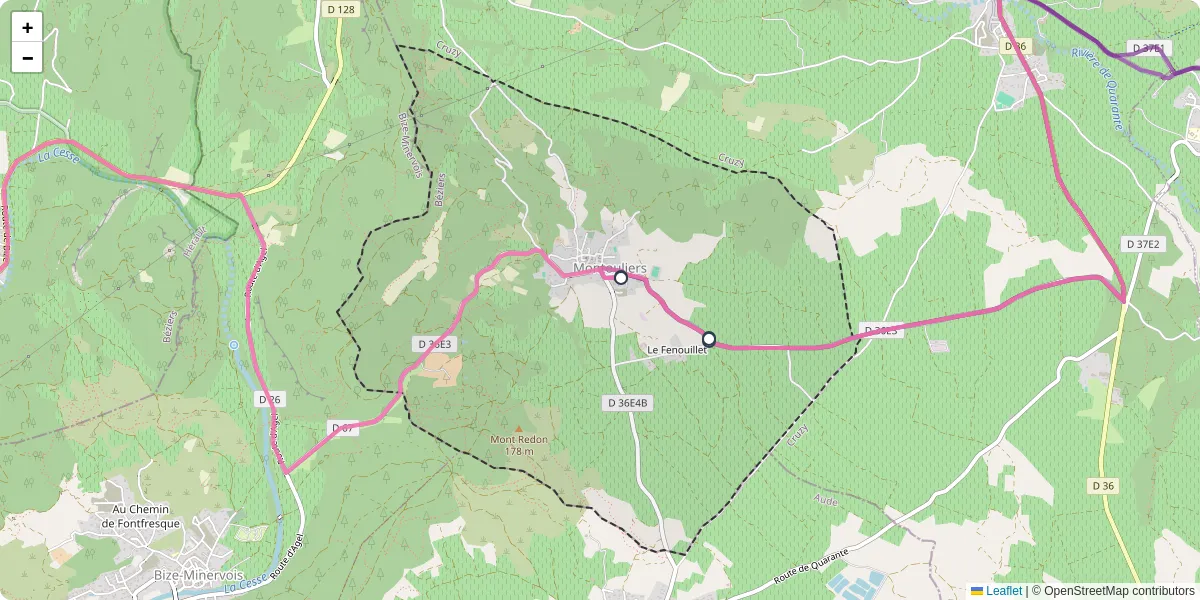 Carte du réseau de transport en commun à Montouliers - lignes de bus et arrêts