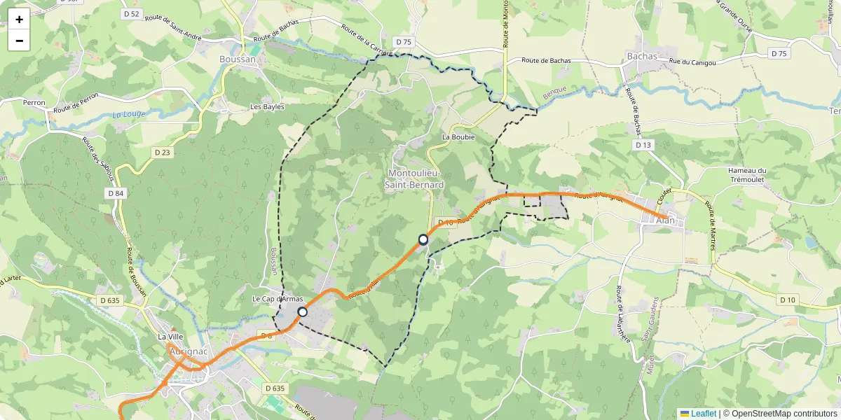 Carte du réseau de transport en commun à Montoulieu-Saint-Bernard - lignes de bus et arrêts