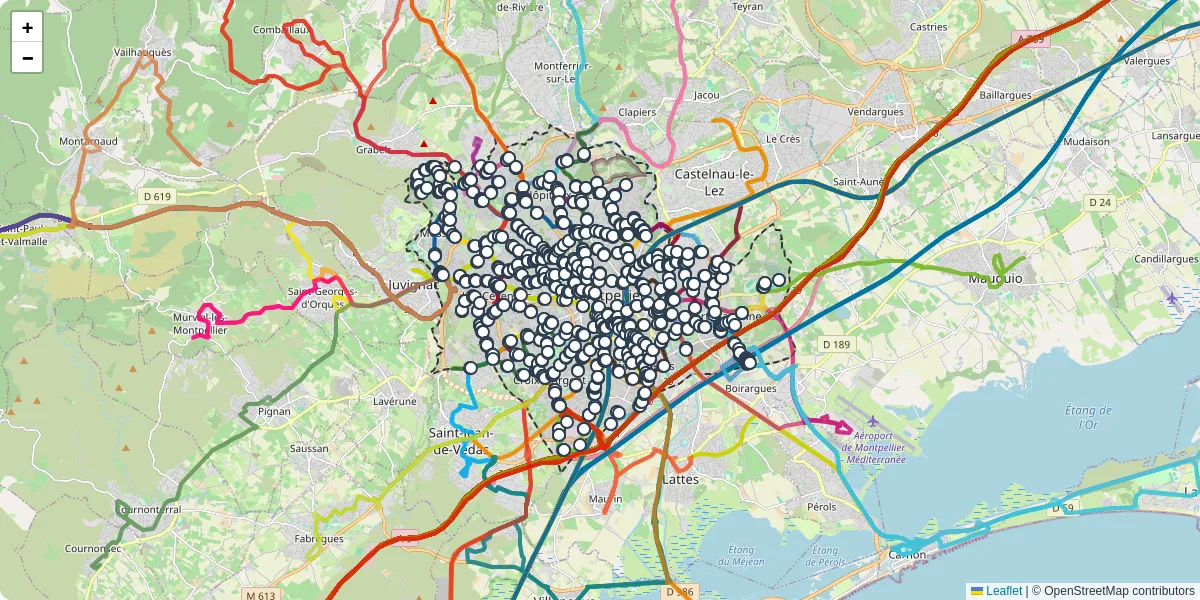 Carte du réseau de transport en commun à Montpellier - lignes de bus et arrêts