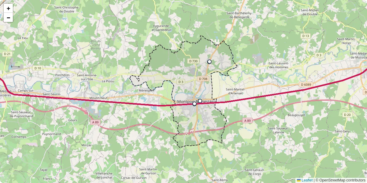 Carte du réseau de transport en commun à Montpon-Ménestérol - lignes de bus et arrêts