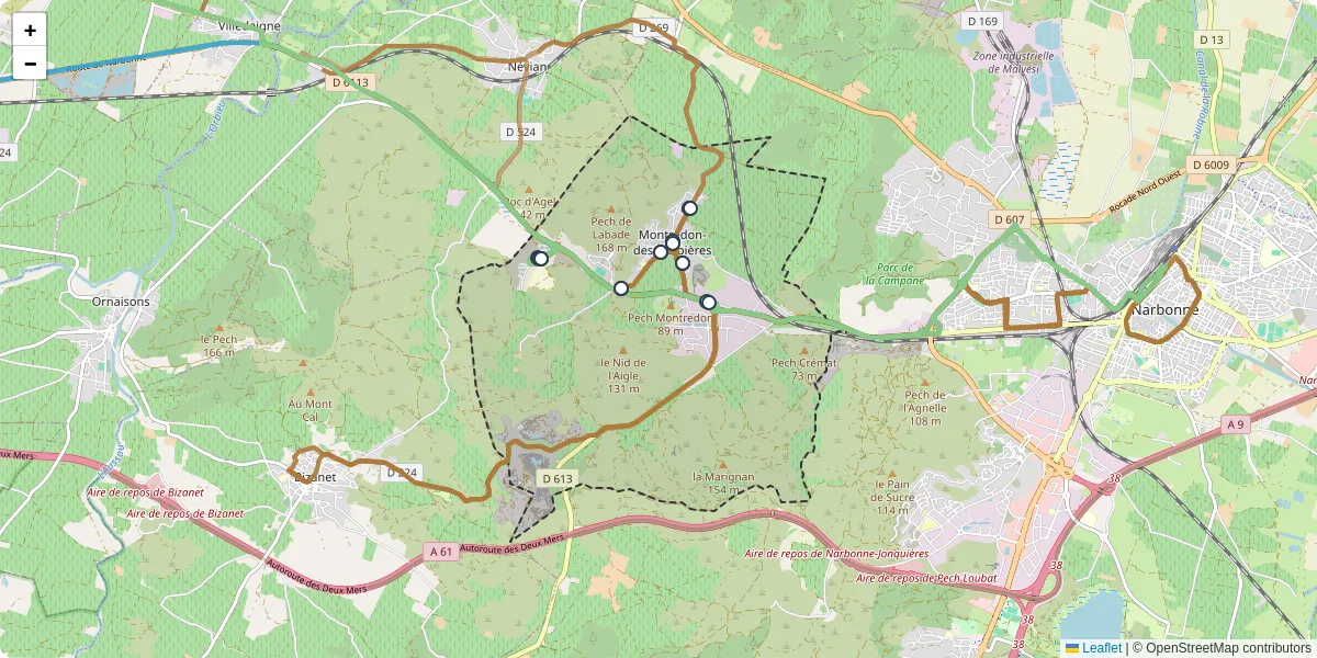 Carte du réseau de transport en commun à Montredon-des-Corbières - lignes de bus et arrêts