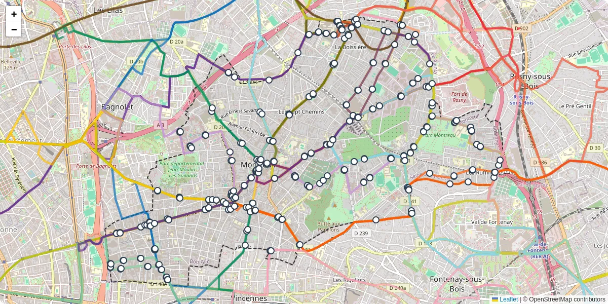 Carte du réseau de transport en commun à Montreuil - lignes de bus et arrêts
