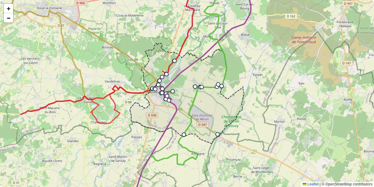 Carte du réseau de transport en commun à Montreuil-Bellay - lignes de bus et arrêts