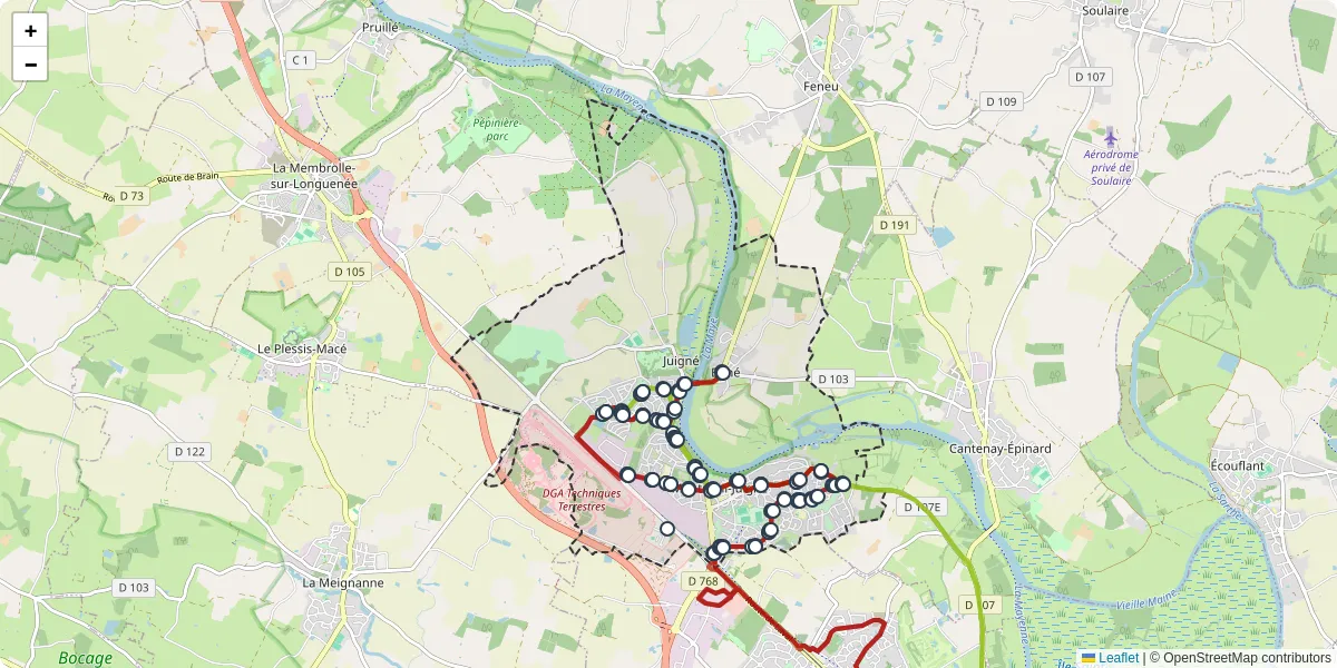 Carte du réseau de transport en commun à Montreuil-Juigné - lignes de bus et arrêts