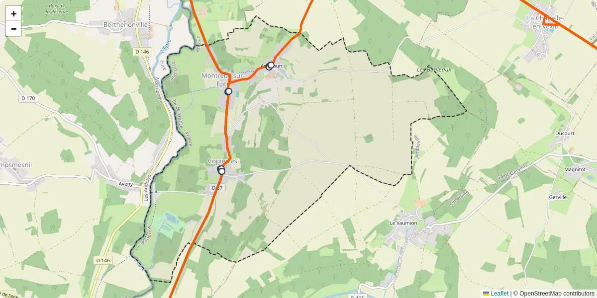 Carte du réseau de transport en commun à Montreuil-sur-Epte - lignes de bus et arrêts