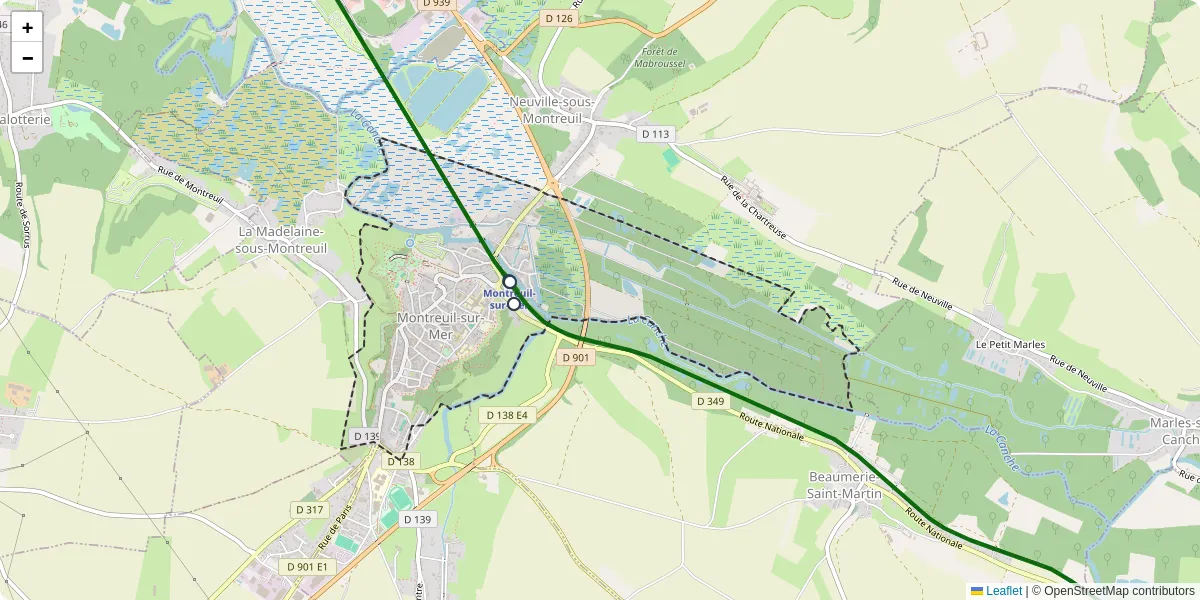Carte du réseau de transport en commun à Montreuil-sur-Mer - lignes de bus et arrêts
