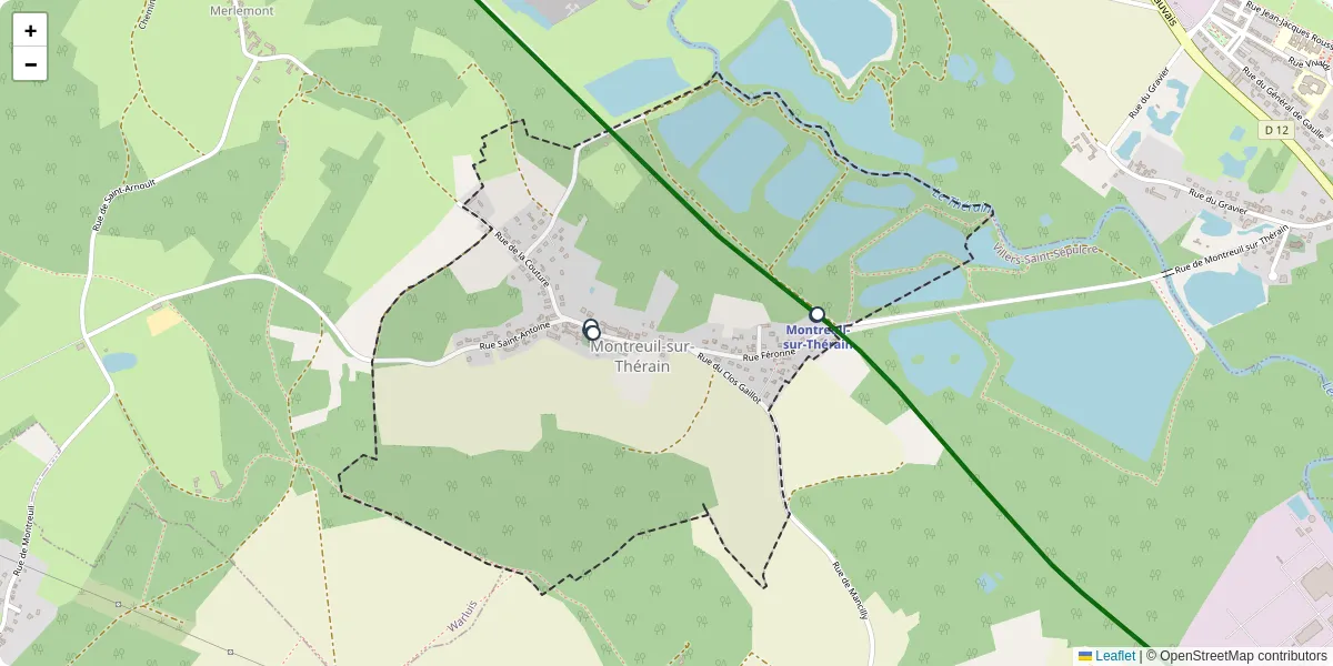 Carte du réseau de transport en commun à Montreuil-sur-Thérain - lignes de bus et arrêts