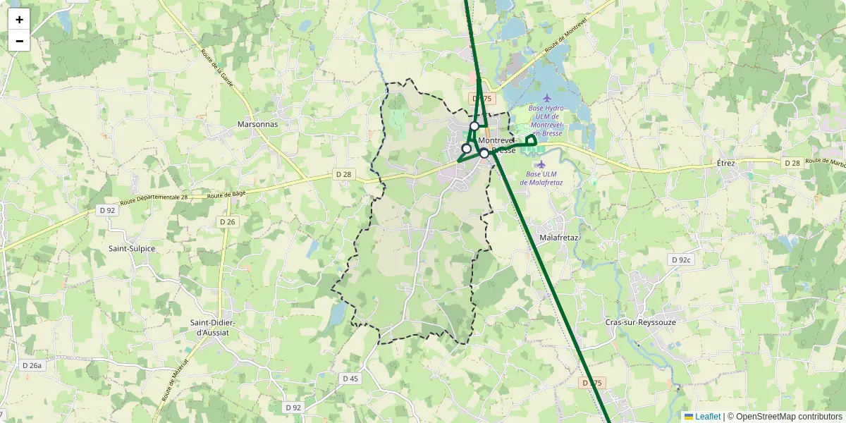 Carte du réseau de transport en commun à Montrevel-en-Bresse - lignes de bus et arrêts