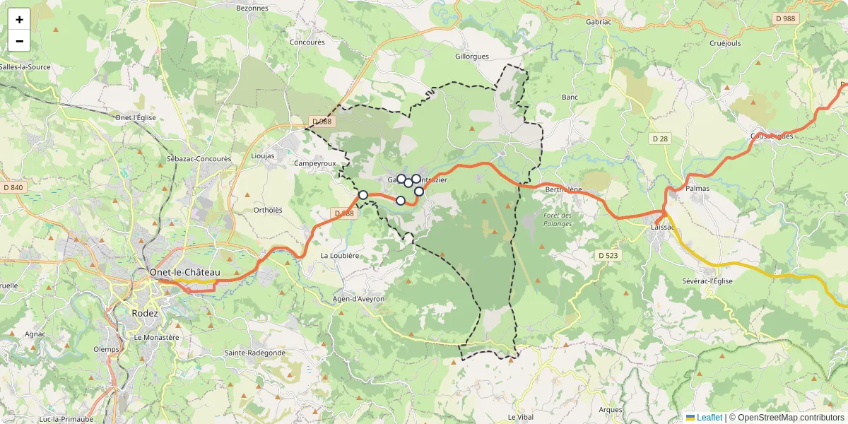 Carte du réseau de transport en commun à Montrozier - lignes de bus et arrêts