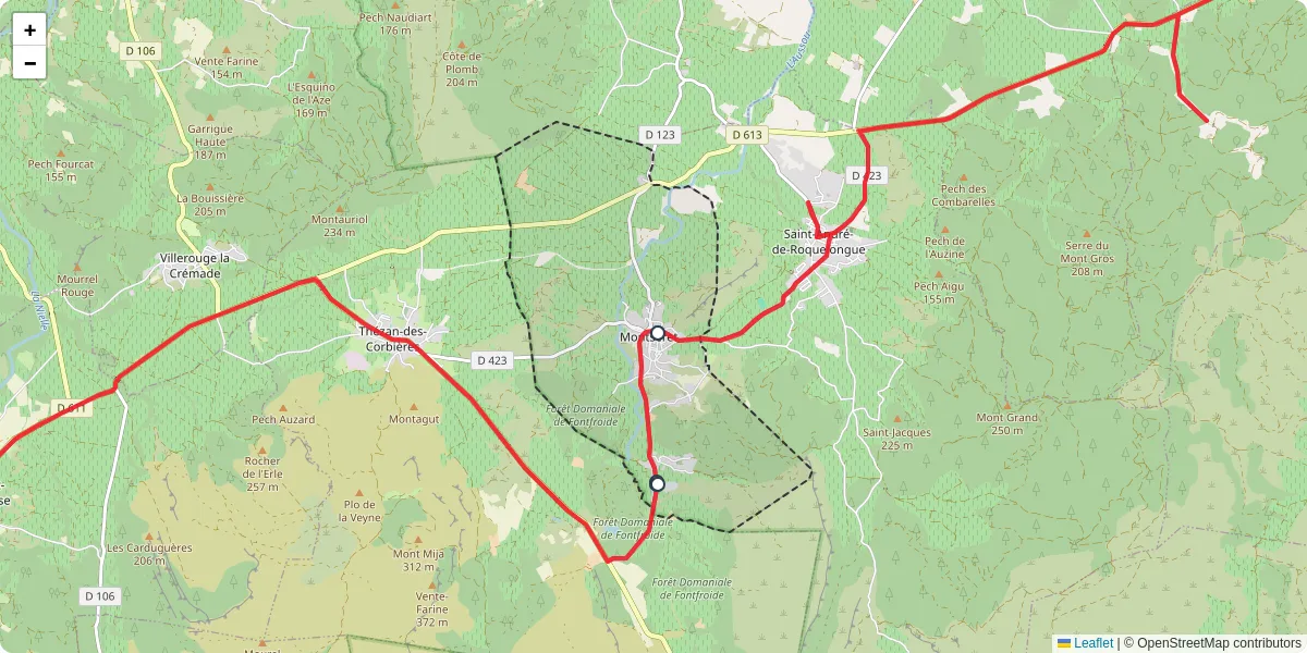 Carte du réseau de transport en commun à Montséret - lignes de bus et arrêts