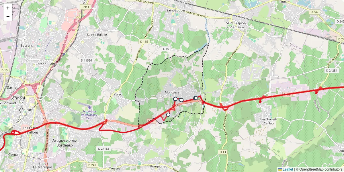 Carte du réseau de transport en commun à Montussan - lignes de bus et arrêts