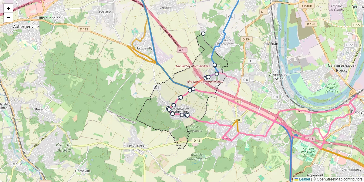 Carte du réseau de transport en commun à Morainvilliers - lignes de bus et arrêts