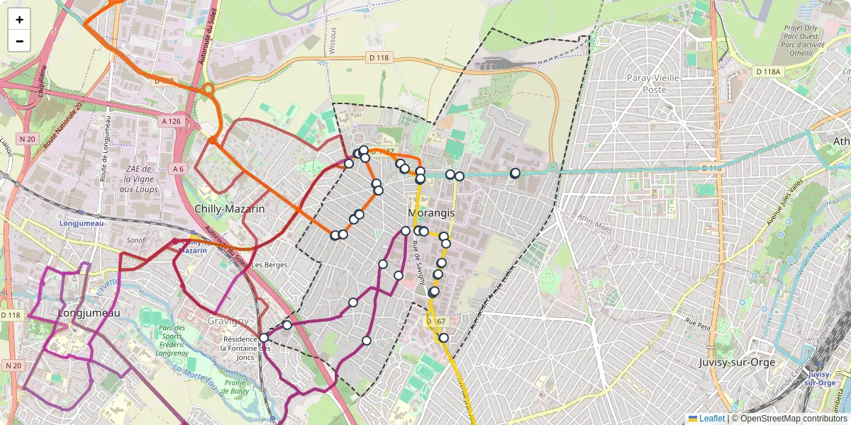 Carte du réseau de transport en commun à Morangis - lignes de bus et arrêts