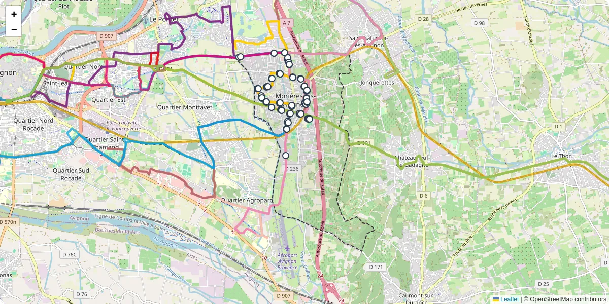 Carte du réseau de transport en commun à Morières-lès-Avignon - lignes de bus et arrêts