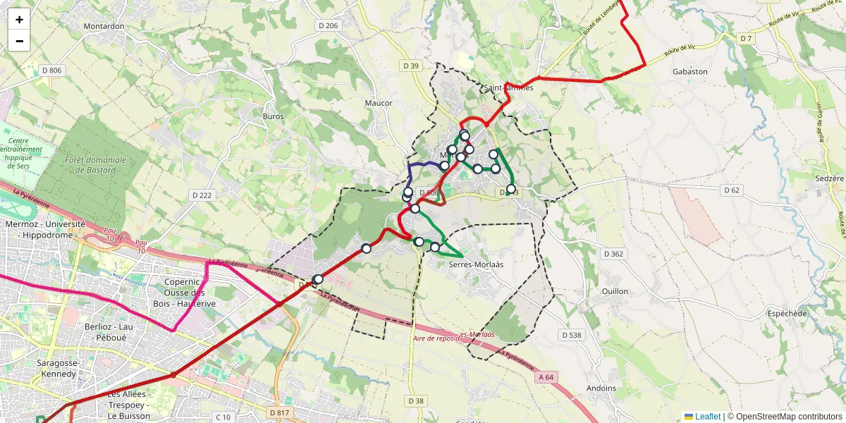 Carte du réseau de transport en commun à Morlaàs - lignes de bus et arrêts