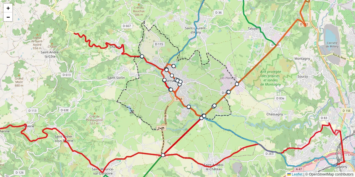 Carte du réseau de transport en commun à Mornant - lignes de bus et arrêts