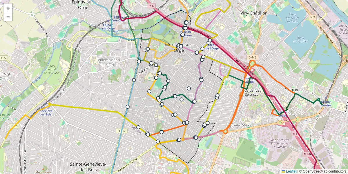 Carte du réseau de transport en commun à Morsang-sur-Orge - lignes de bus et arrêts