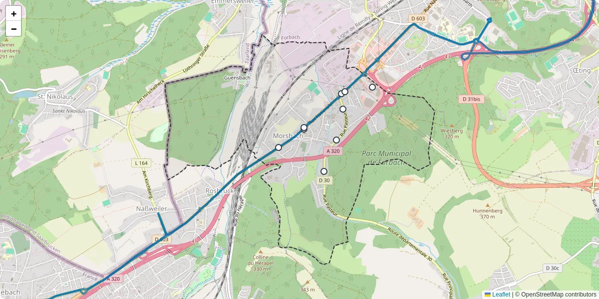 Carte du réseau de transport en commun à Morsbach - lignes de bus et arrêts