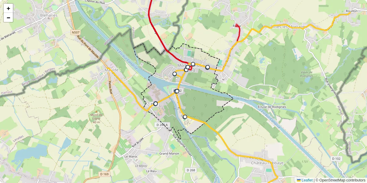 Carte du réseau de transport en commun à Mortagne-du-Nord - lignes de bus et arrêts