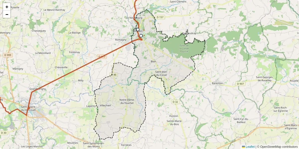 Carte du réseau de transport en commun à Mortain-Bocage - lignes de bus et arrêts