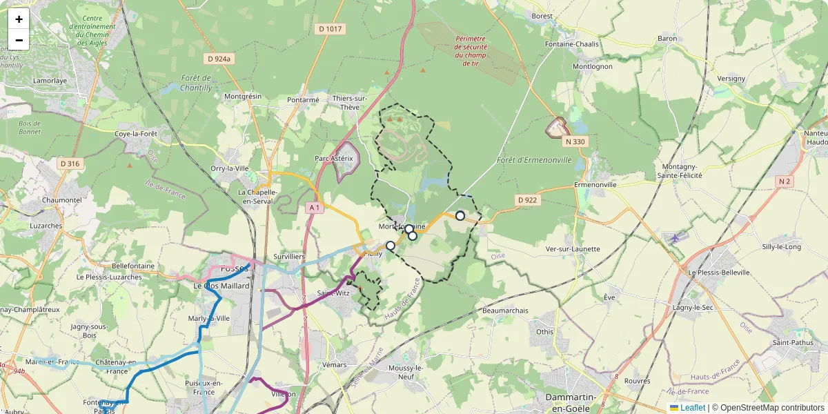 Carte du réseau de transport en commun à Mortefontaine - lignes de bus et arrêts