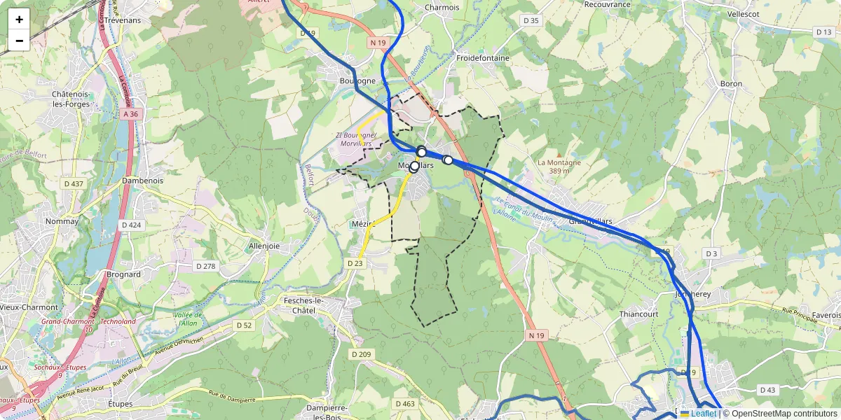Carte du réseau de transport en commun à Morvillars - lignes de bus et arrêts