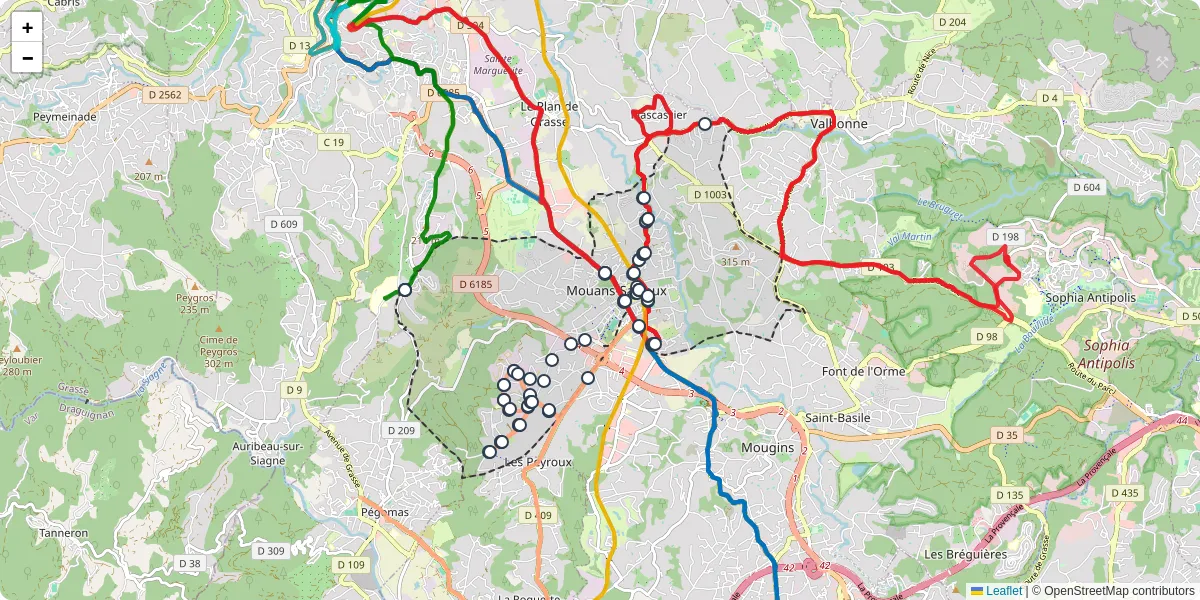 Carte du réseau de transport en commun à Mouans-Sartoux - lignes de bus et arrêts