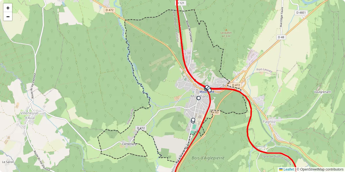 Carte du réseau de transport en commun à Mouchard - lignes de bus et arrêts