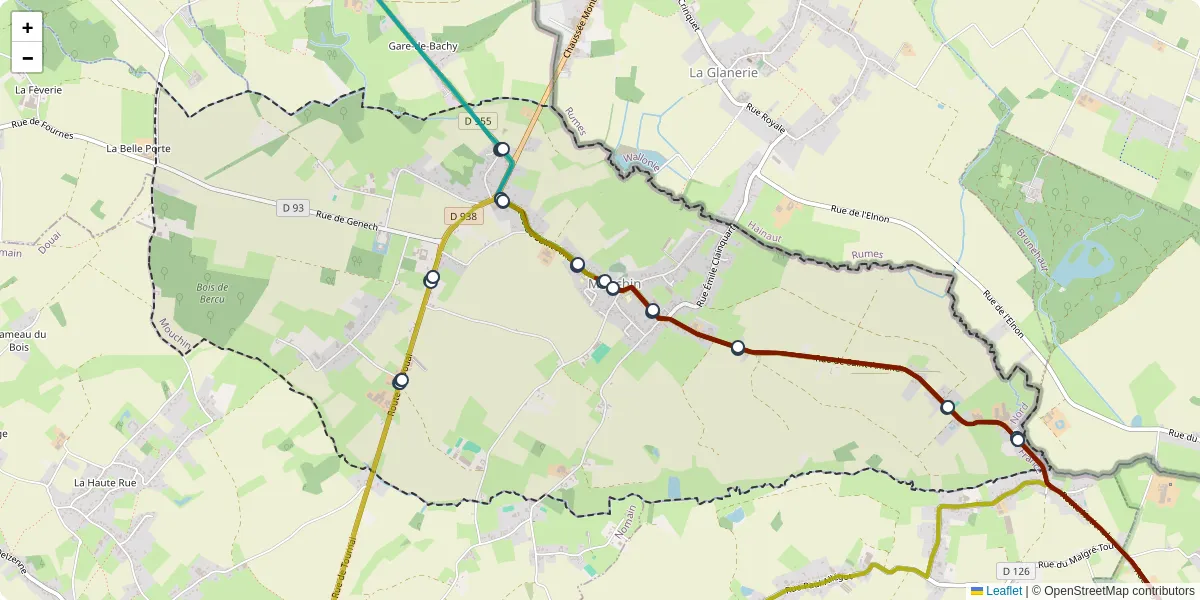 Carte du réseau de transport en commun à Mouchin - lignes de bus et arrêts