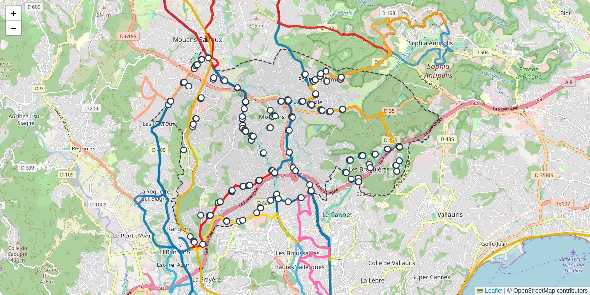 Carte du réseau de transport en commun à Mougins - lignes de bus et arrêts