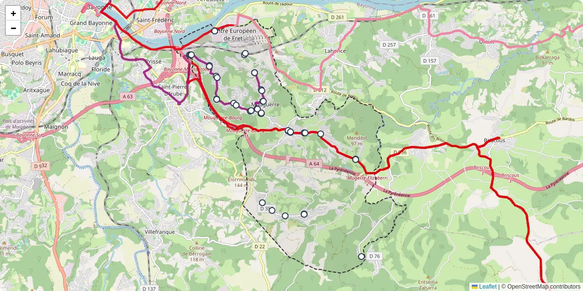 Carte du réseau de transport en commun à Mouguerre - lignes de bus et arrêts
