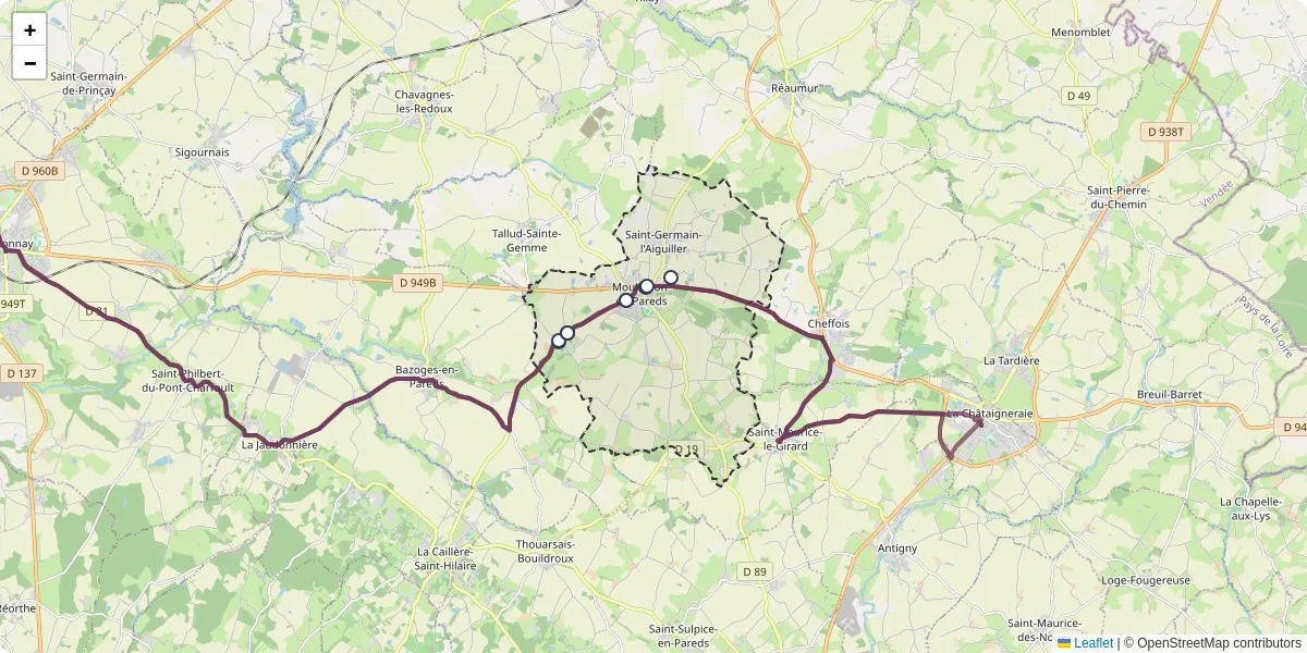 Carte du réseau de transport en commun à Mouilleron-Saint-Germain - lignes de bus et arrêts