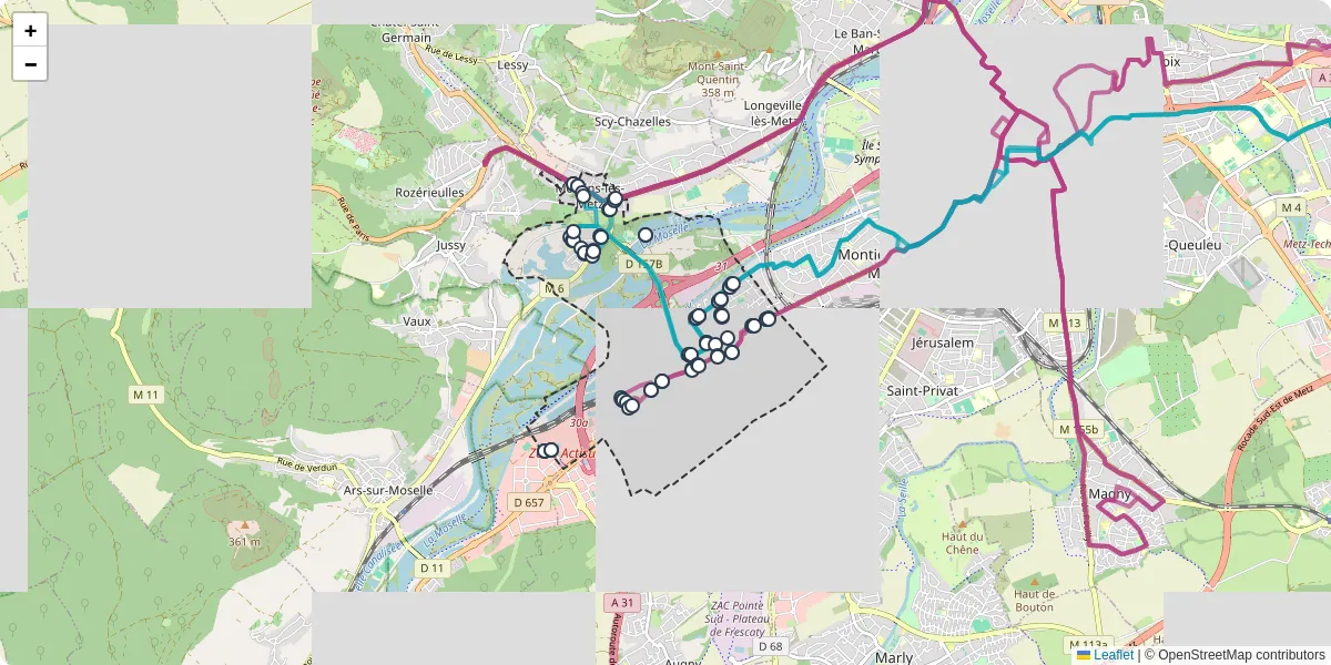 Carte du réseau de transport en commun à Moulins-lès-Metz - lignes de bus et arrêts