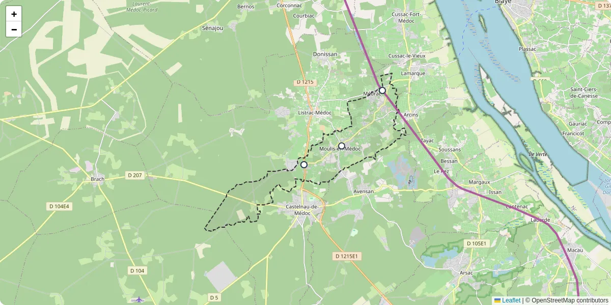 Carte du réseau de transport en commun à Moulis-en-Médoc - lignes de bus et arrêts