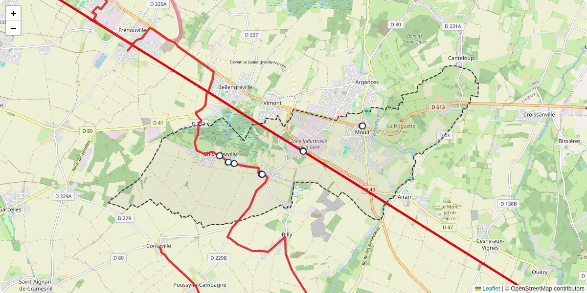 Carte du réseau de transport en commun à Moult-Chicheboville - lignes de bus et arrêts