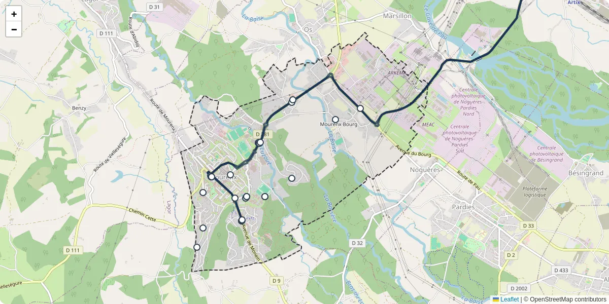 Carte du réseau de transport en commun à Mourenx - lignes de bus et arrêts