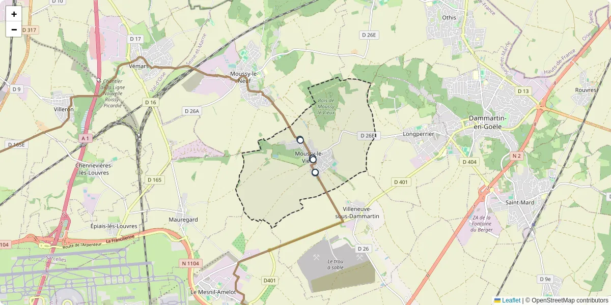 Carte du réseau de transport en commun à Moussy-le-Vieux - lignes de bus et arrêts
