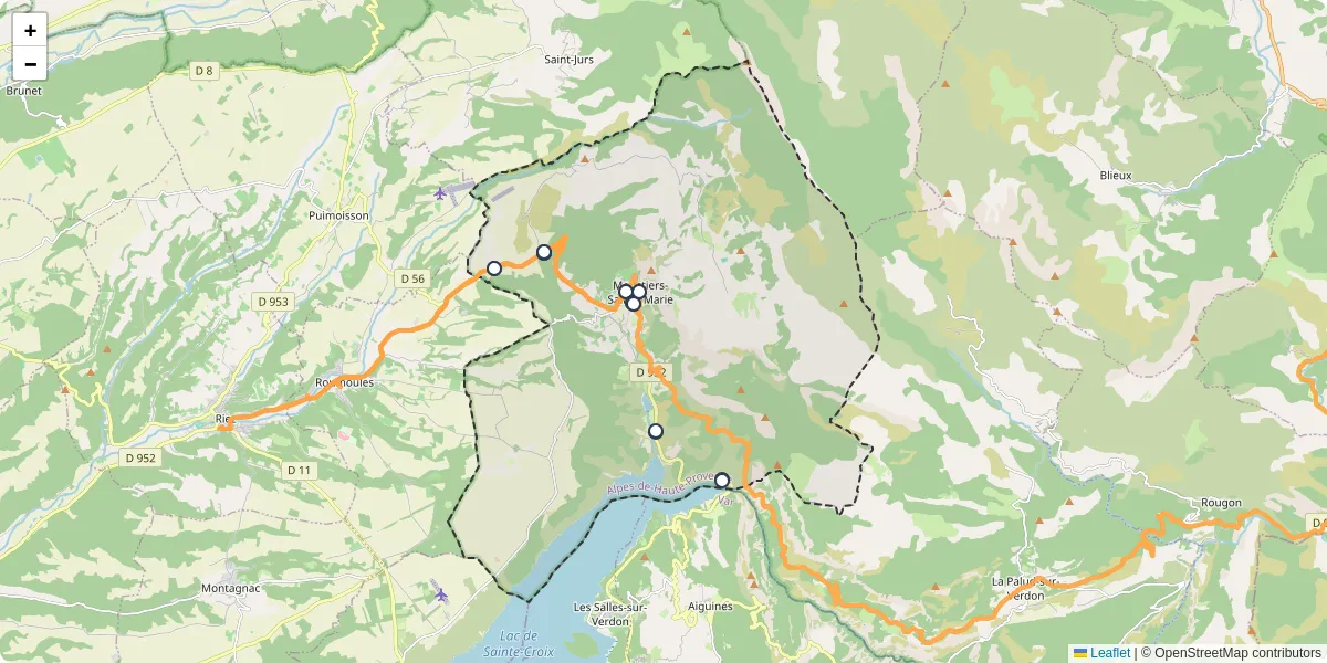 Carte du réseau de transport en commun à Moustiers-Sainte-Marie - lignes de bus et arrêts